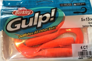 Berkley® Gulp!® Saltwater Grub $1 OFF! Gulp! 4"Grub Salmon Red, Berkley saltwater grubs, Gulp! grub, Gulp! twister taillures, Berkley® Gulp!® lures