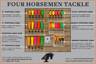Four Horsemen Tackle Four Horsemen Tackle, popping corks, inshore fishing floats, rattling corks, redfish lures, speckled trout tackle, loud popping corks, 3 inch popper, saltwater fishing corks.